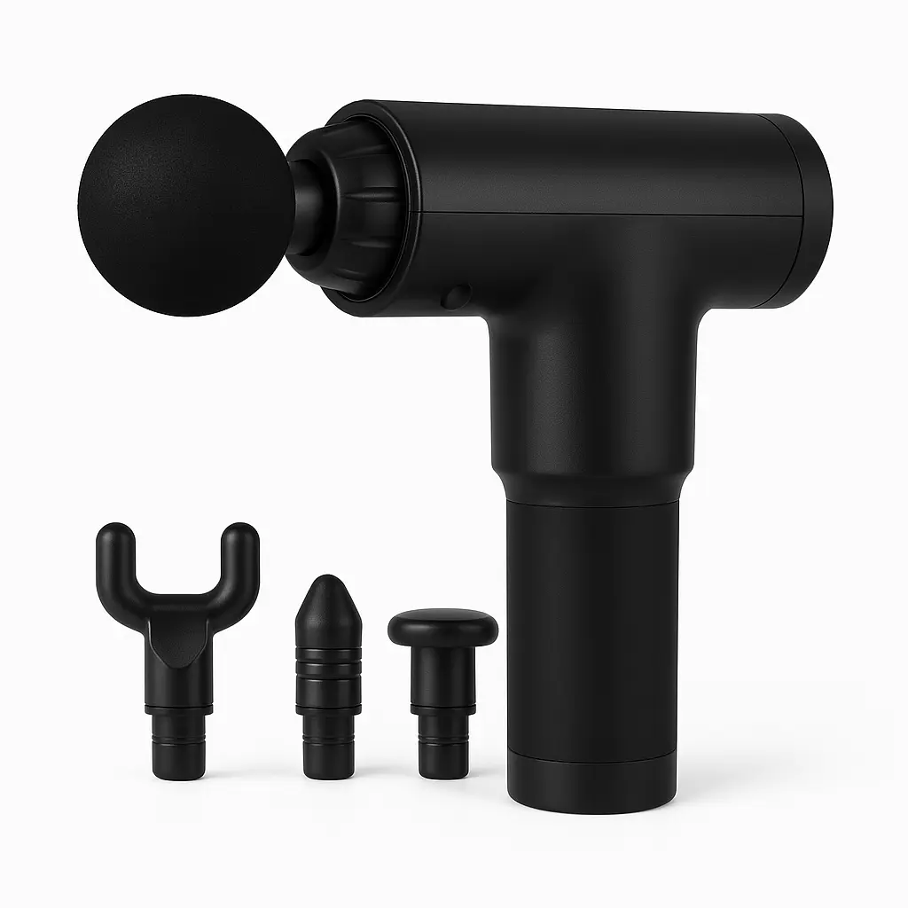 Black handheld massage gun with heads